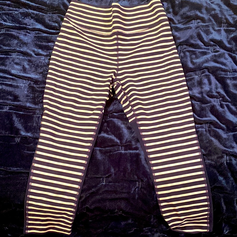 Navy blue and white striped new balance yoga pants, size medium but run small